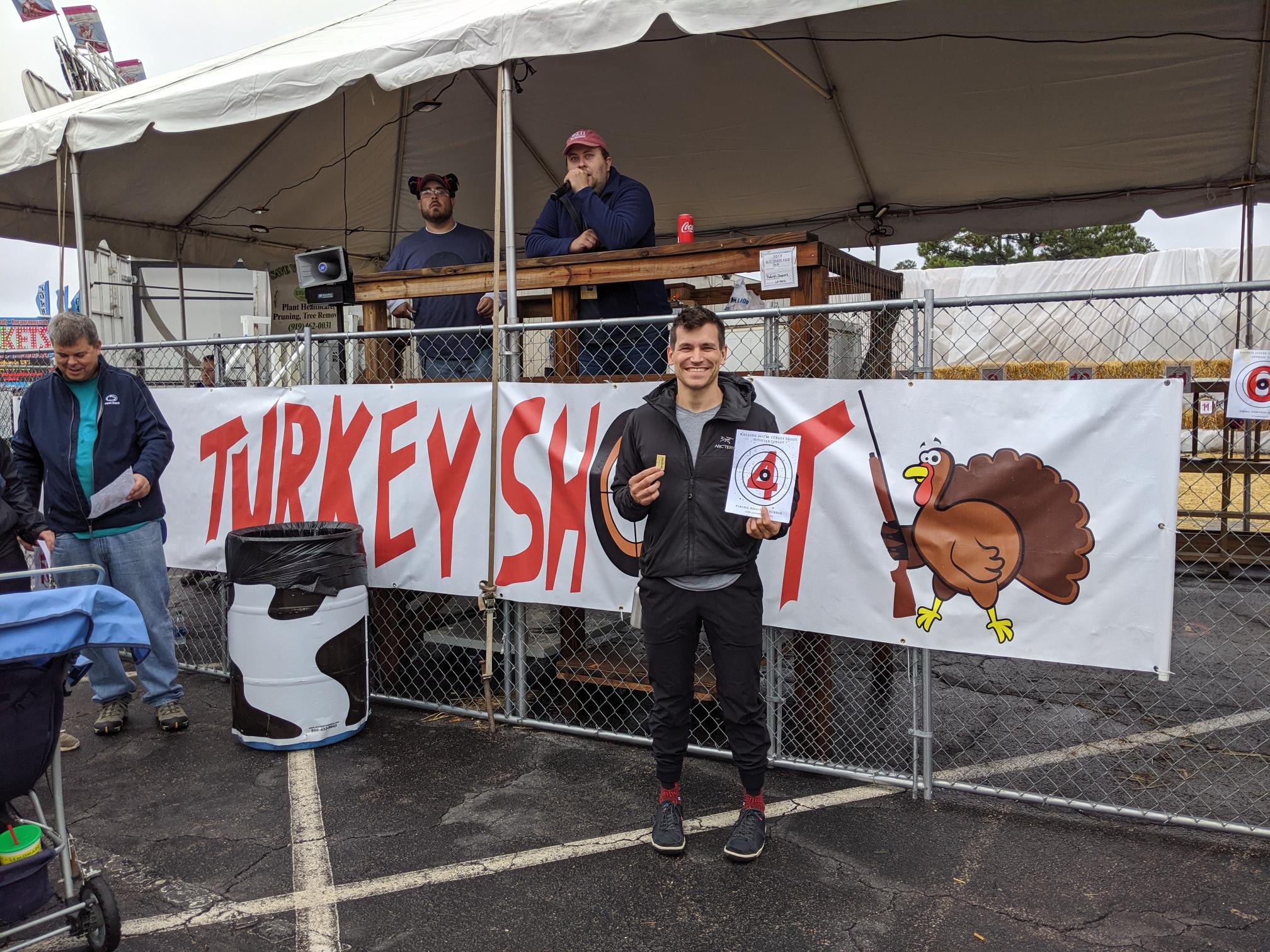 Man holds turkey shot target at NC State Fair