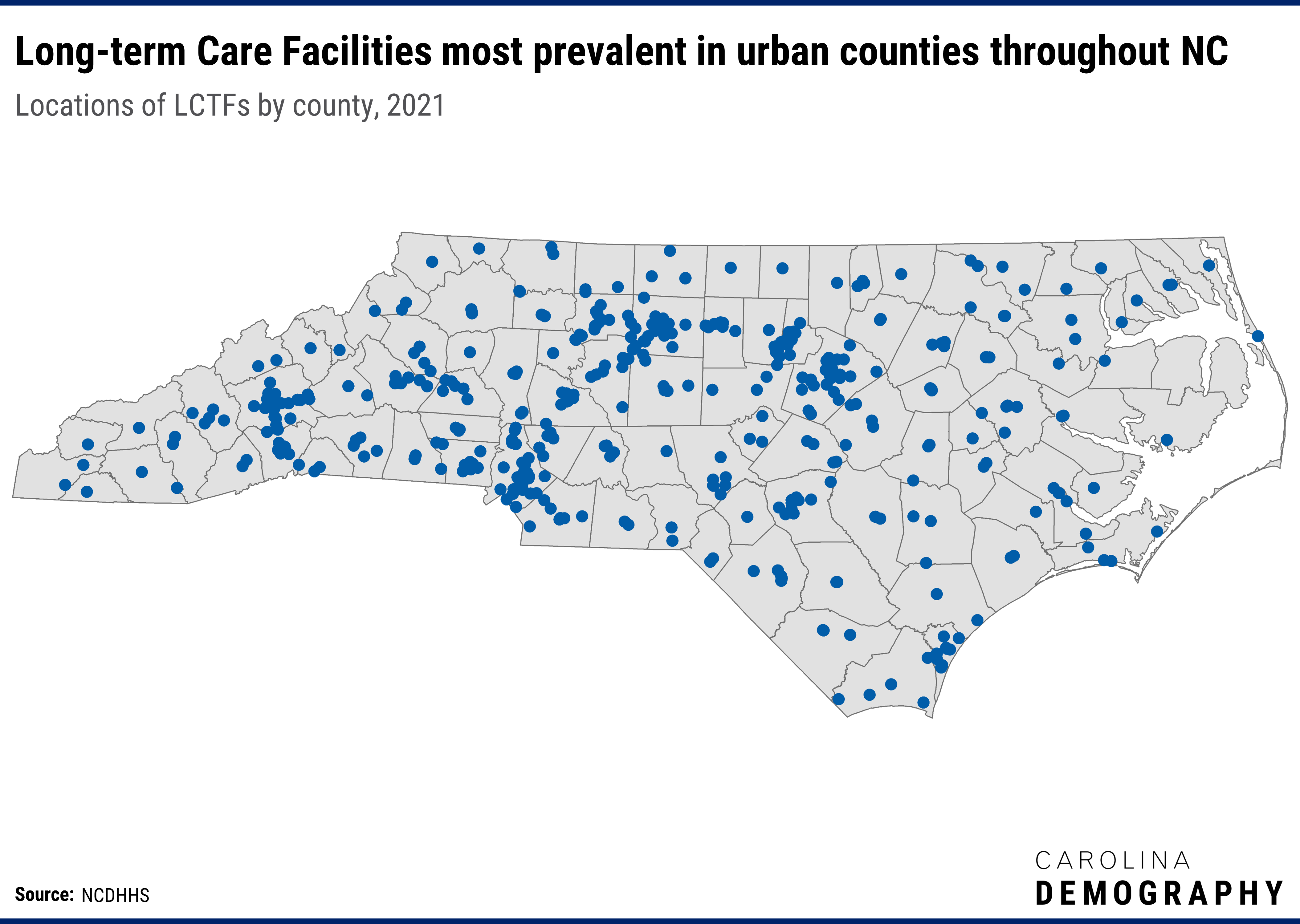 Map of NC showing locations of long term care facilities across the state