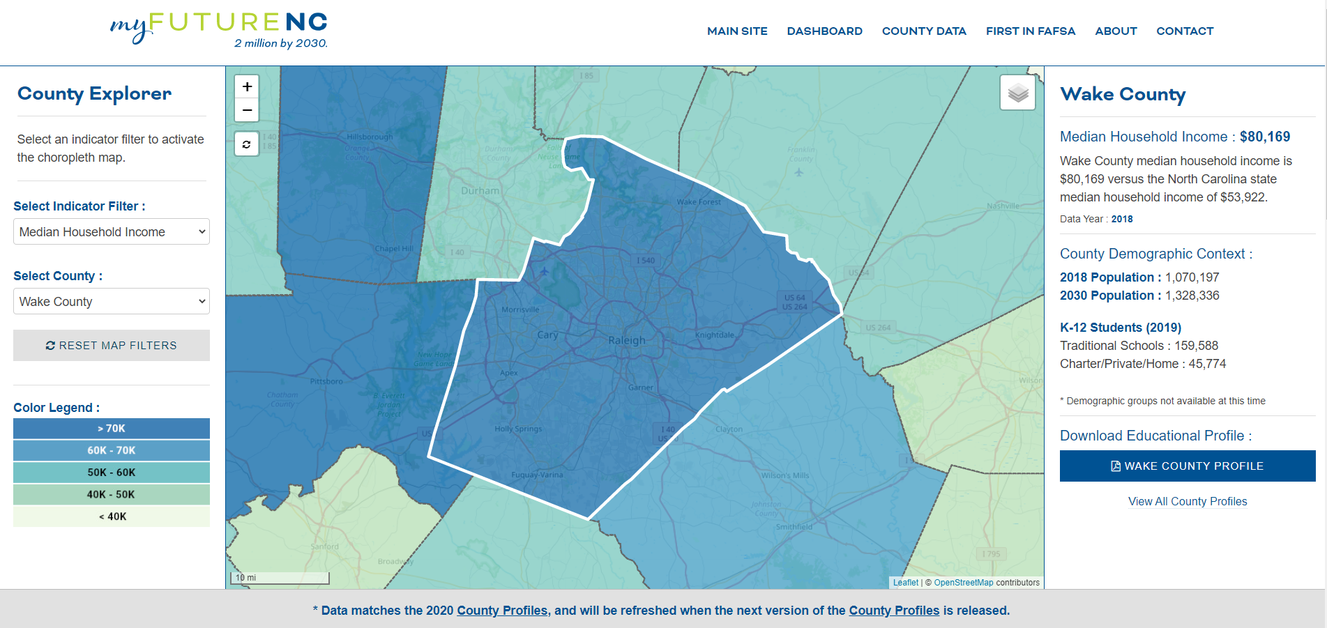 screen capture from the MFNC county explorer tool. Image shows a choropleth and Wake county highlighted to show county specific information and surrounding household income level.
